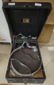 Vintage His Masters Voice clockwork picnic gramophone with needles, etc