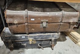 Early 20th century wooden bound and canvas travelling trunk, 80cm wide and a leather and canvas