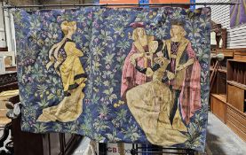 Hessian backed printed tapestry style wall hanging, depicting figures in historical dress on a