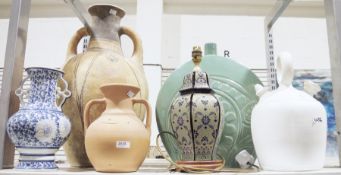 Marks & Spencer green glazed bottle neck vase, 46cm high and three Etruscan style vases, another
