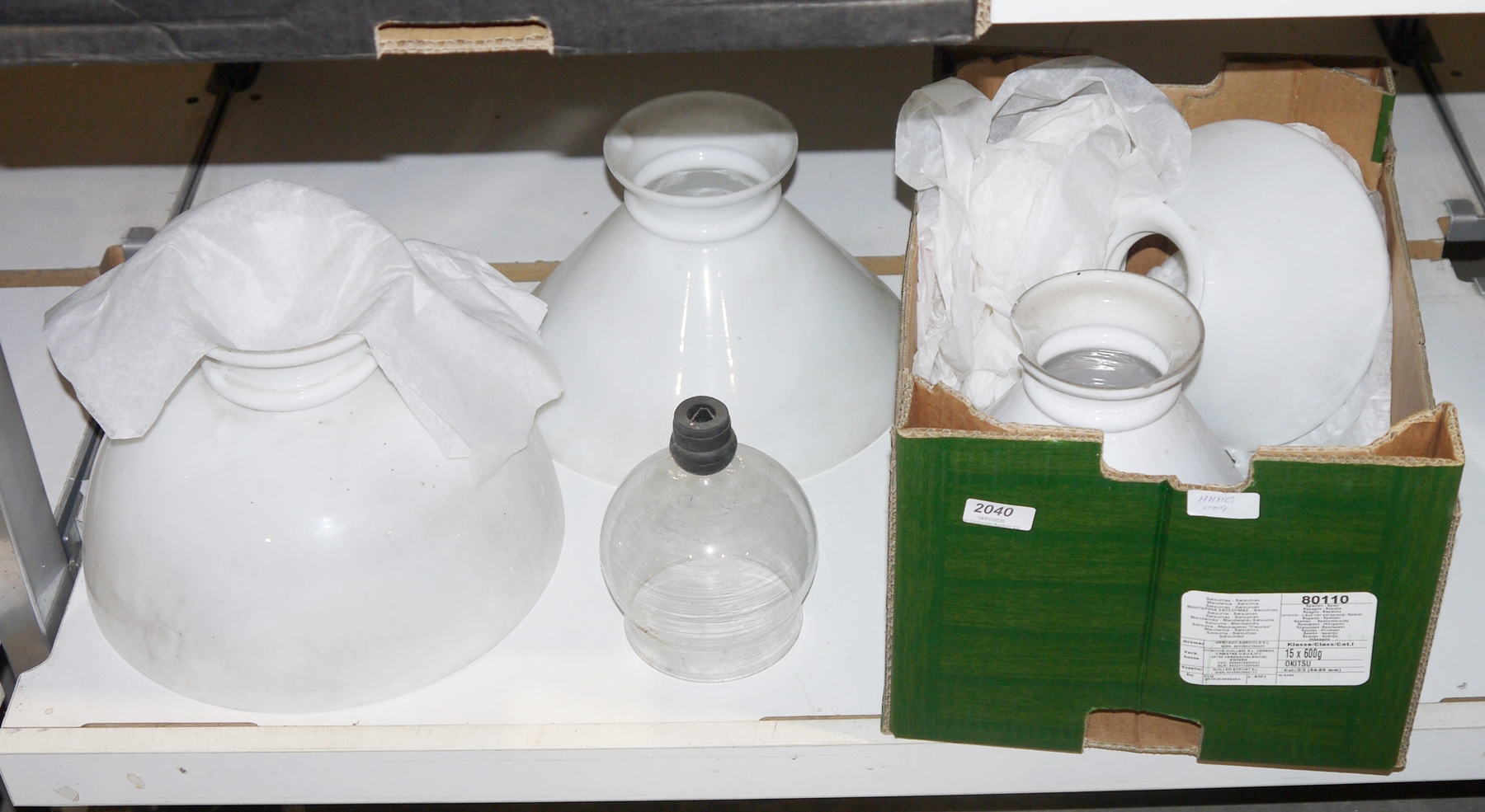 Four opaque glass lamp shades, largest 30cm diameter together with a clear glass shade (5)