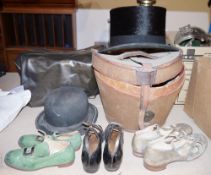 Small quantity of vintage apparel, a Robert Heath Ltd Knightsbridge Top hat in hat box, a worn