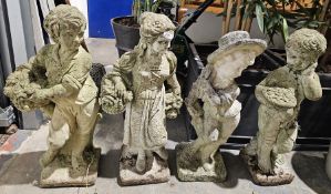 Four composite stone garden statues in the form of two cherubs and a classical boy and girl, tallest