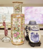 Japanese Satsuma style narrow form vase bearing a scene of a noble lady in grounds, Italian glass