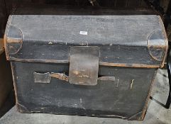 Vintage domed black leather bound travelling trunk, with lock and carrying handles, initialled ILH