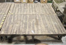 Pair of large stained wooden plank-top stage section, each approx. 44.5cm high x 185cm long x 91.5cm