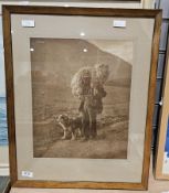 Early 20th century framed print of a shepherd carrying a ewe, in landscape, 38.5cm x 31 cm