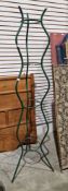 Green painted metal plant support/trellis of wave design, 175cm high