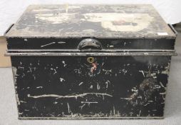 Vintage black painted metal lockbox/strongbox with an embossed Ritz hotel London label marked 