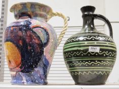 Italian Bellini ceramic jug with ropetwist handle and decorated with fruits, 29.5cm high together