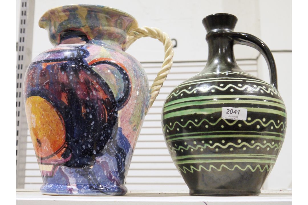 Italian Bellini ceramic jug with ropetwist handle and decorated with fruits, 29.5cm high together