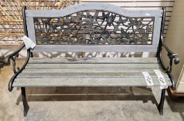 Wood and metal garden bench with rose pattern, 126cm wide