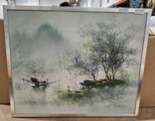 Kwok (20th century) Oil on canvas River scene, signed lower right, framed, 41cm x 50.5cm, together