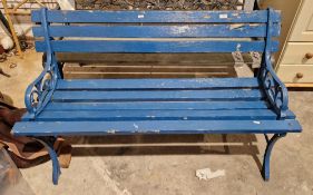 Wooden slatted metal-framed blue painted garden bench, 122cm wide (PLEASE NOTE VAT WILL APPLY ON THE