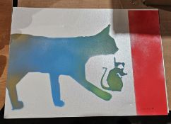 URBANKSY (20th century) Spray paint on card Two stencils with cat and mouse, signed lower right,