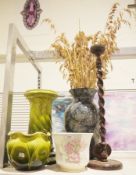 Green glazed majolica style jardiniere and stand, 57cm high together with large vase, planter and an