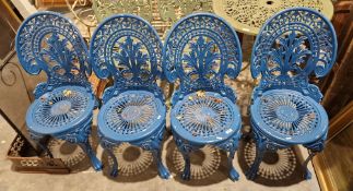 Set of four blue painted metal garden chairs (PLEASE NOTE VAT WILL APPLY ON THE HAMMER ON THIS LOT)