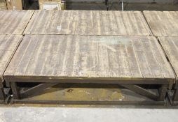 Pair of large stained wooden plank-top stage section, each approx. 44.5cm high x 185cm long x 91.5cm