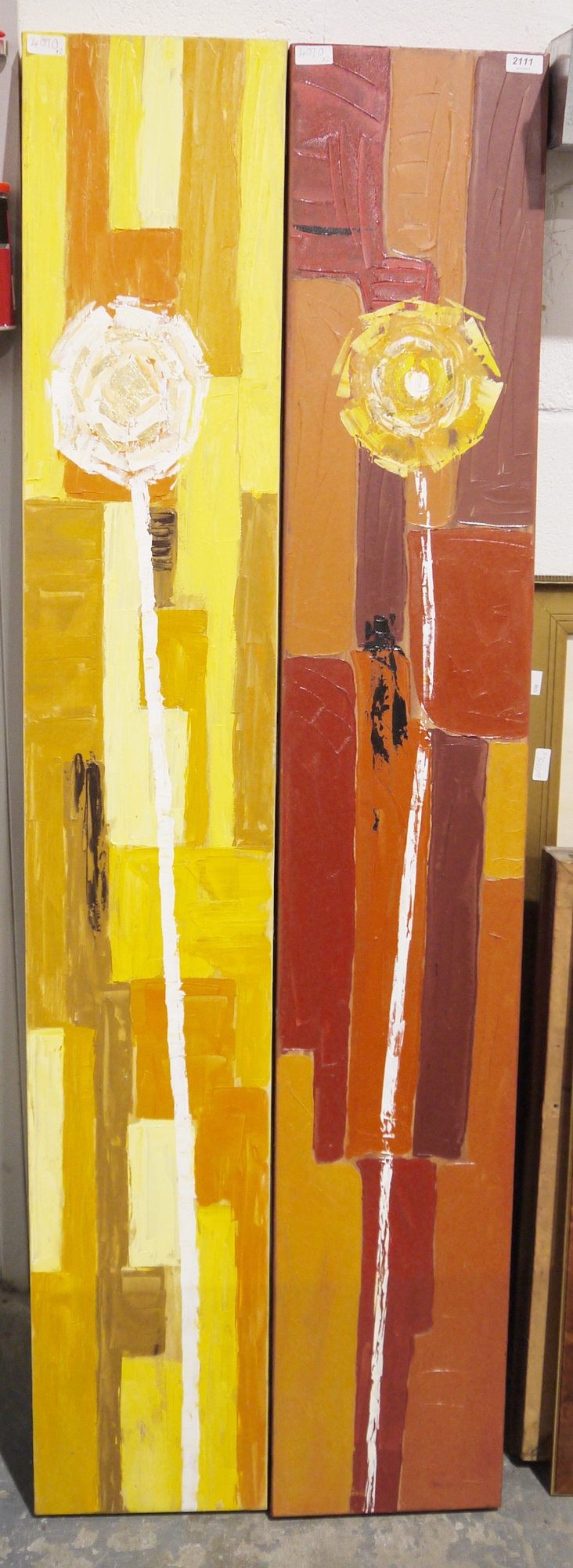 Two contemporary oils on canvas, flowers, 150cm x 25cm (2)