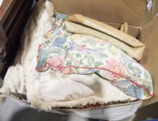 Quantity of cotton floral cushions all trimmed with white ceramic beading, various other cushions