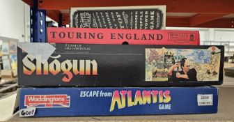 Four board games including MB Gamemaster Shogun, Topple Tower game, Escape from Atlantis, etc (4)