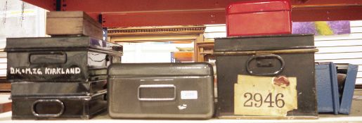 Small collection of metal cash/document boxes, three black painted in Victorian/early 20th century