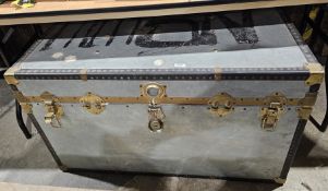 Large vintage brass mounted steamer travelling trunk, studded and painted in grey-blue, enclosing