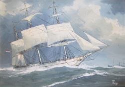 Bernard Laarhoven (20th century) Oil on canvas Dutch sailing boat at sea with steamboat in the