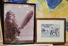 Collection of framed prints and art work, including: a print on metal of Graf Zeppelin over
