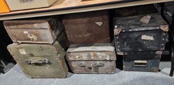 Six various suitcases to include wooden and leather bound examples and a painted wood and metal