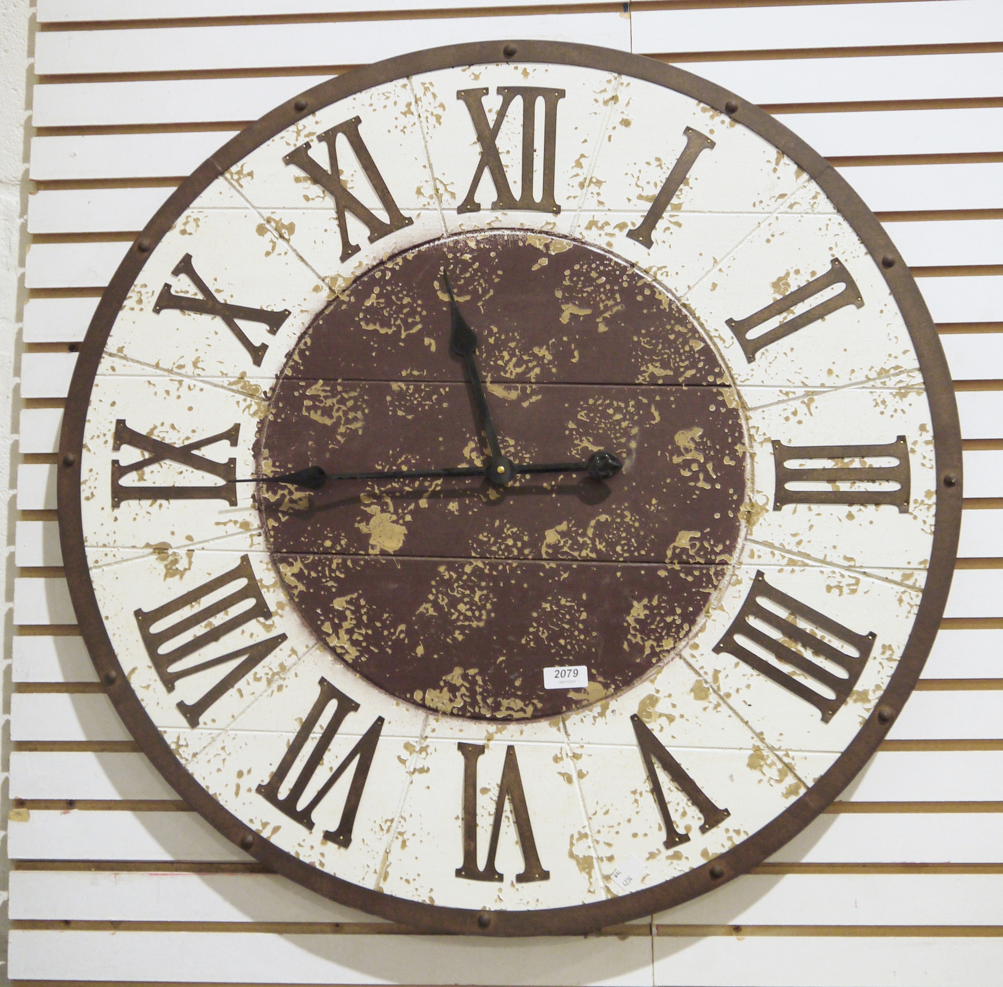 Large vintage-style painted metal wall clock, distressed look, battery operated, 76cm diameter