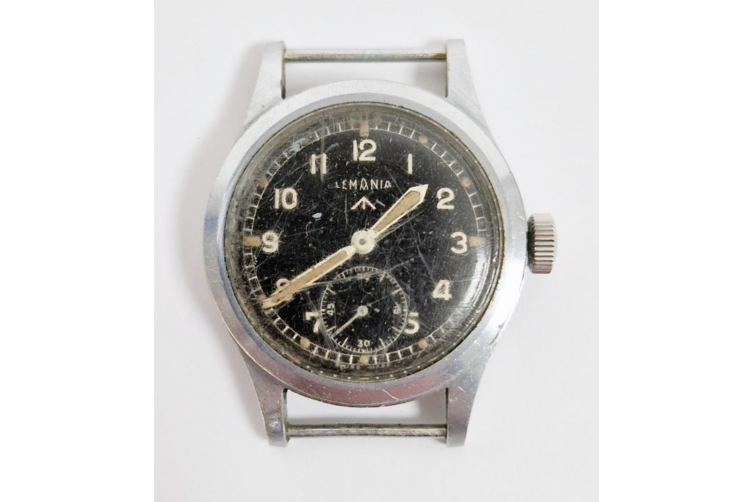 Lemania 'Dirty Dozen' military issue wristwatch, 1940's, stainless steel case, the black dial with - Image 1 of 8