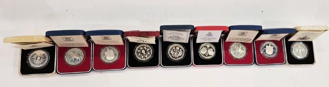 GB & other coins: Nine boxed QEII silver proof coins cat value c £300, .925 silver weight c 250g