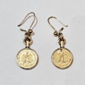 Pair of Mexican two Dos Pesos gold coins dated 1945, adapted into earrings, the earring mounts
