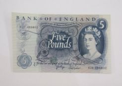 Bank of England £5, signed J B Page, prefix 62E 485802, January 1967, Queen Elizabeth II at