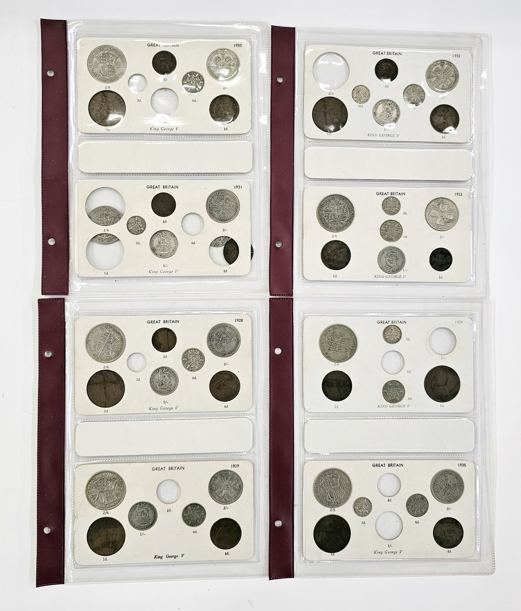 8 x specimen sets of George V, 1928-1935, most sets complete from half crown down, please note