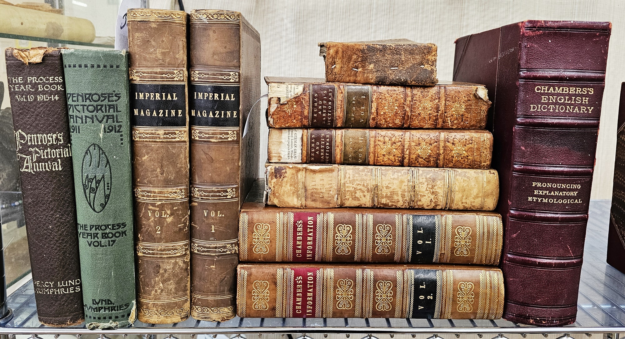 Antiquarian/dictionaries to include:- Chambers Information 1908 fine biding, half calf over