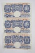 3 x Bank of England one pound notes (1) signed K O Peppiatt Prefix, prefix U80E 922456, (2) signed K