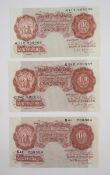 3 x Bank of England 10 shilling notes, (1) signed K O Peppiatt (October 1934), prefix B41 708884, (