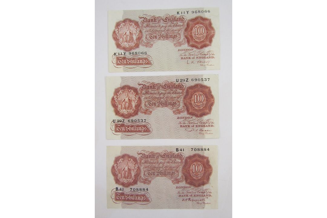 3 x Bank of England 10 shilling notes, (1) signed K O Peppiatt (October 1934), prefix B41 708884, ( - Image 1 of 6