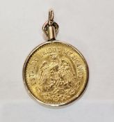 Mexican Cinco five Pesos gold coin, 900 fineness, mounted in a yellow metal pendant mount,