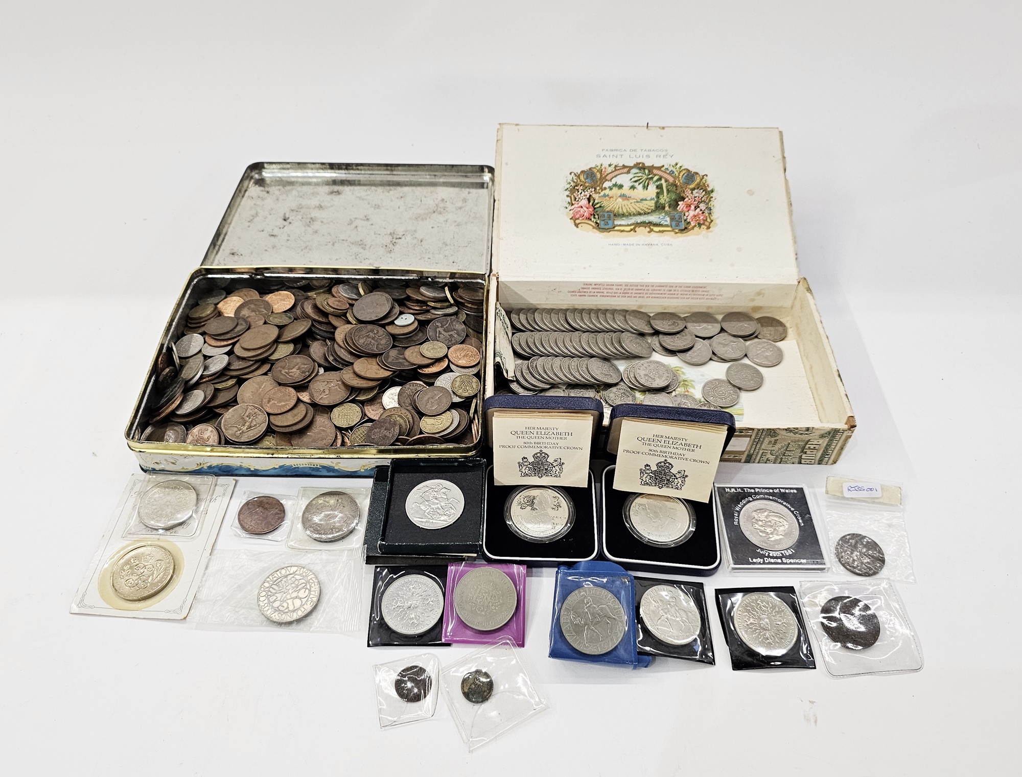 Group of coins, (2) proof crowns, silver, 80th birthday one crown Gibraltar and Falklands Islands, 6