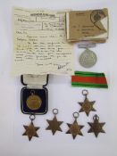 Boxed WWII Defence Medal, together with 3 x 1939-45 Stars, Italy Star, Africa Star and HMS Emperor