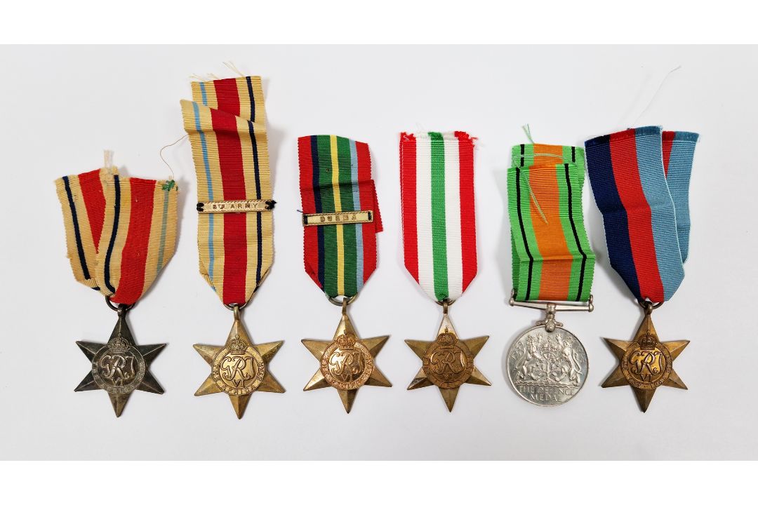 Six WWII medals, comprising; 1939-45 Defence Medal, 1939-45 Star, Italy Star, Pacific Star and two