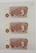 3 x Bank of England 10 shilling notes, (1) signed L K O' Brien (October 1961), prefix J09 668871,