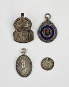 Three British silver medals/ badges, including ARP, together with a George III threepence pendant