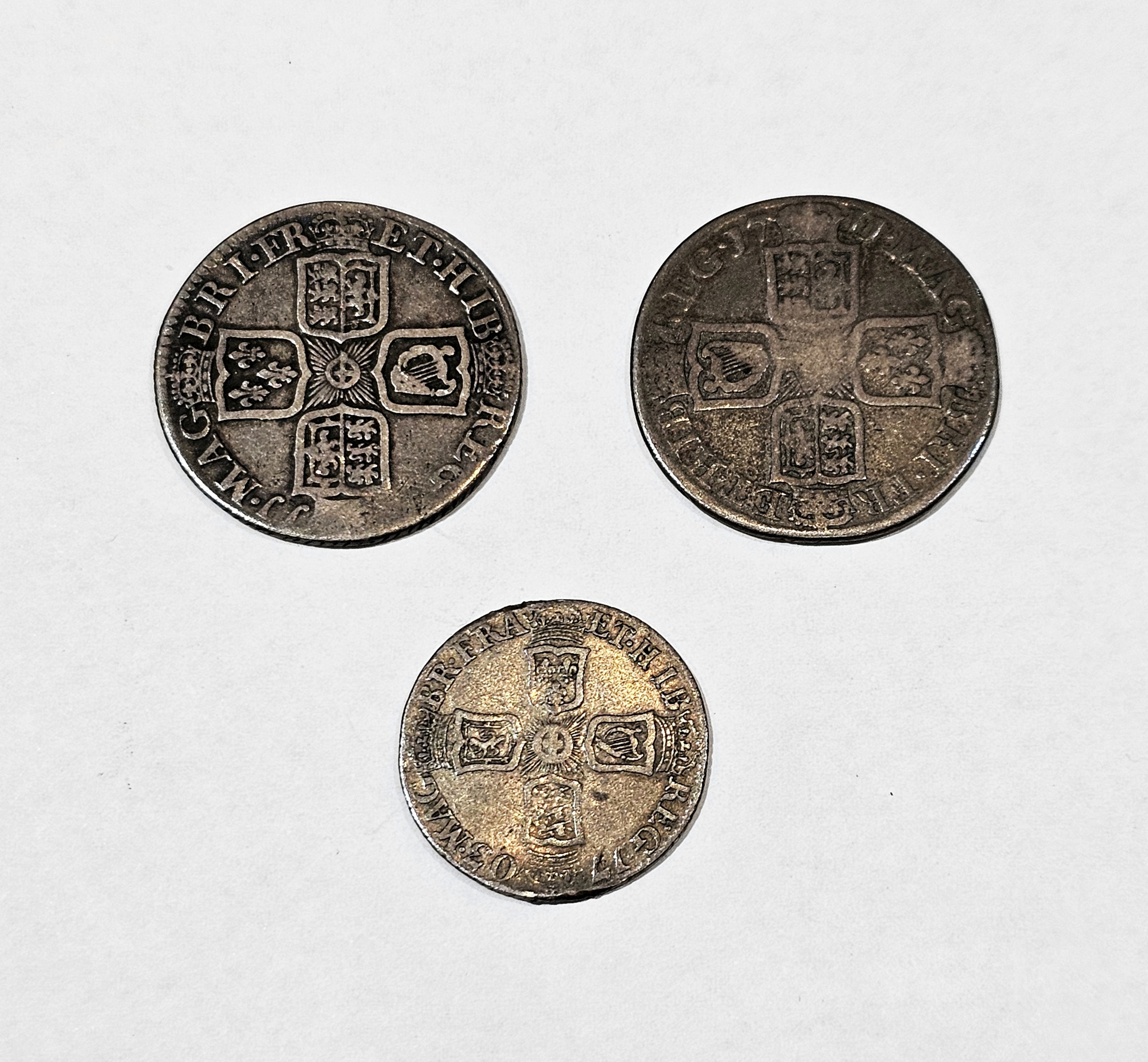 Queen Anne (1702-14), silver coinage, 1711 shillings x 2, 1705 Vigo sixpence (please note VAT will