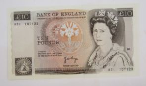 Bank of England £10, signed J B Page, 1971, prefix A31 107123, series D, February 1975, Queen