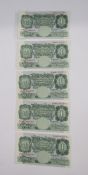 5 x Bank of England one pound notes (1) signed K O Peppiatt Prefix, prefix X98A 652592 to 65296,(