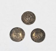 Group of 3 early milled threepences, Charles II 1682 fine, William and Mary 'GV' below bust 1692
